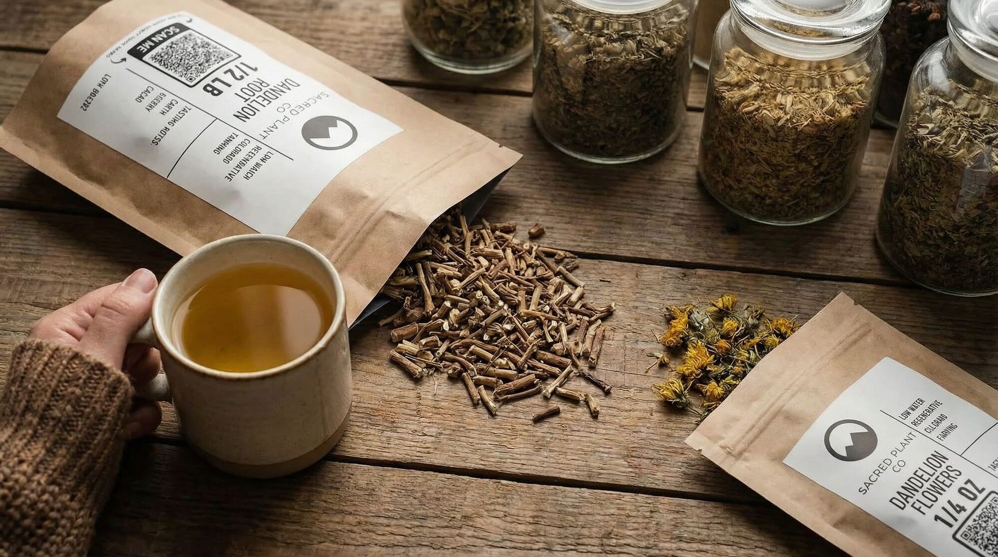 Sacred Plant Co Dandelion root and flower on table. 