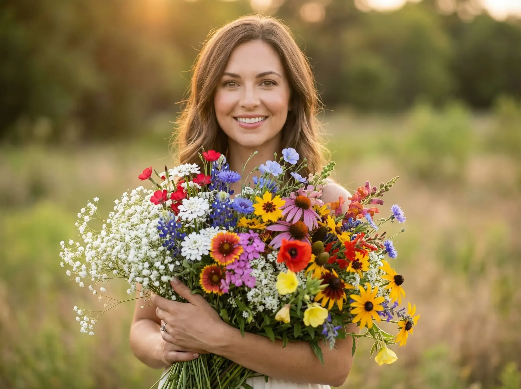 Woman holding wildflower bouquet 